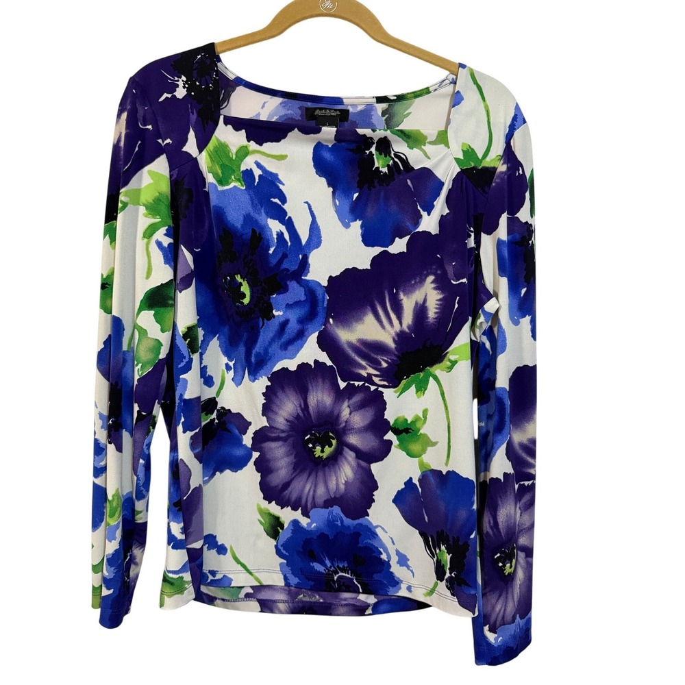 Peck & Peck Floral Blouse Women‎ Large Blue Purple Square Neck Long Sleeve Top